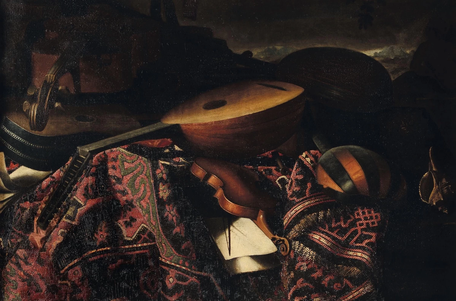 Natura morta con strumenti musicali e tappeto - attribuito